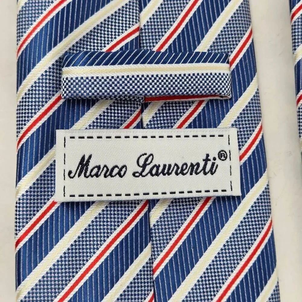MARCO LAURENTI ITALY SILK TIE LUXURY BLUE WHITE RED LUXURY STRIPE 3.5